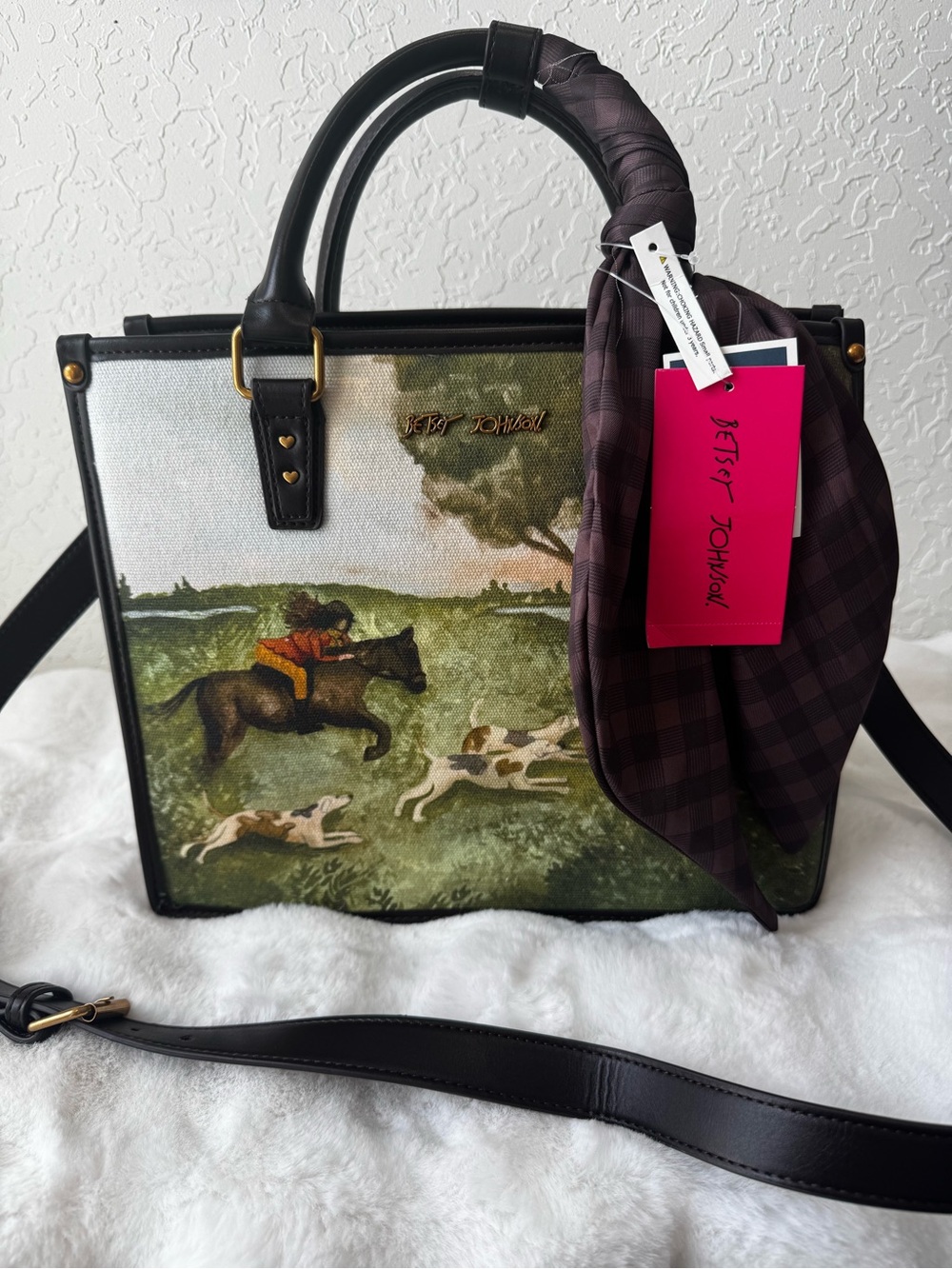 NWT Betsey Johnson DOUBLE-SIDED tote bag with horse and dogs graphic with scarf